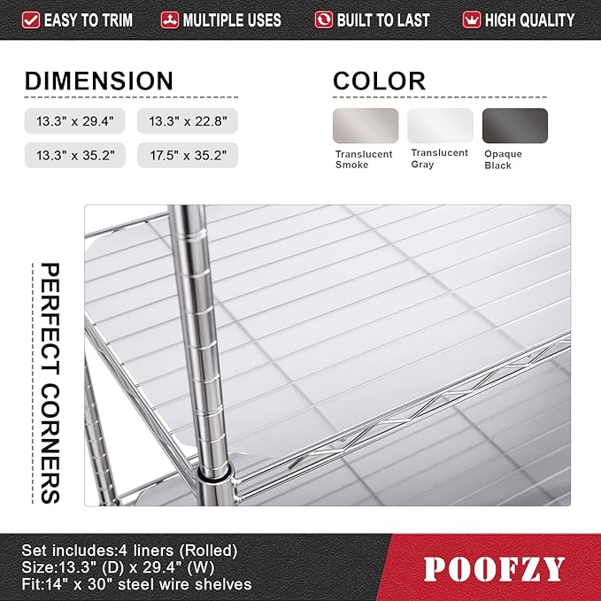 Poofzy Wire Shelf Liner 14" X 30", Non-Adhesive Plastic Shelf Liners for Wire Shelving, Waterproof Protector Mats (4PK, Clear)