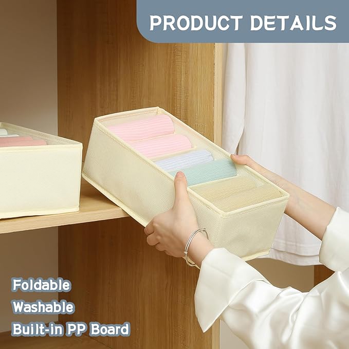 Qozary 3 Pack Sock Underwear Drawer Organizer Dividers, Non-Woven Fabric Collapsible Cabinet Closet Storage Boxes for Clothes, Socks, Lingerie, Underwear, Tie, Belt, Baby, Bedroom (Beige, 6 Cells)