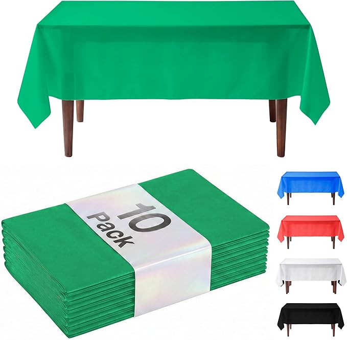 Auros Premium Plastic Tablecloths 10 Pack, 54 x 108 Inch Rectangle Disposable Table Covers for 8FT Tables, Thick & Durable, Waterproof & Spill-Proof, Easy Cleanup for Parties, Wedding, Kelly Green