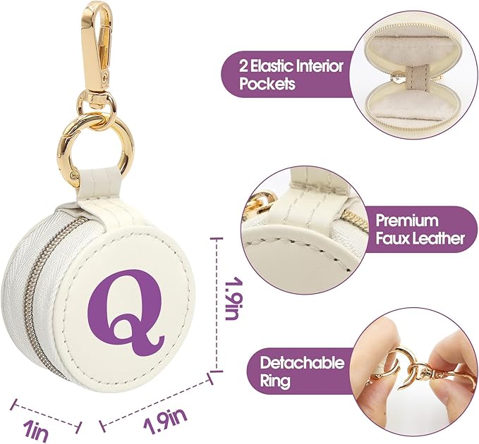 Mini Initial Travel Jewelry Case Ring Holder, Beige Faux Leather Small Jewelry Organizer Box Gifts for Women Girls Nurse Teacher, Gym Travel Accessories Keychain Pouch for Earrings Rings Necklace Q