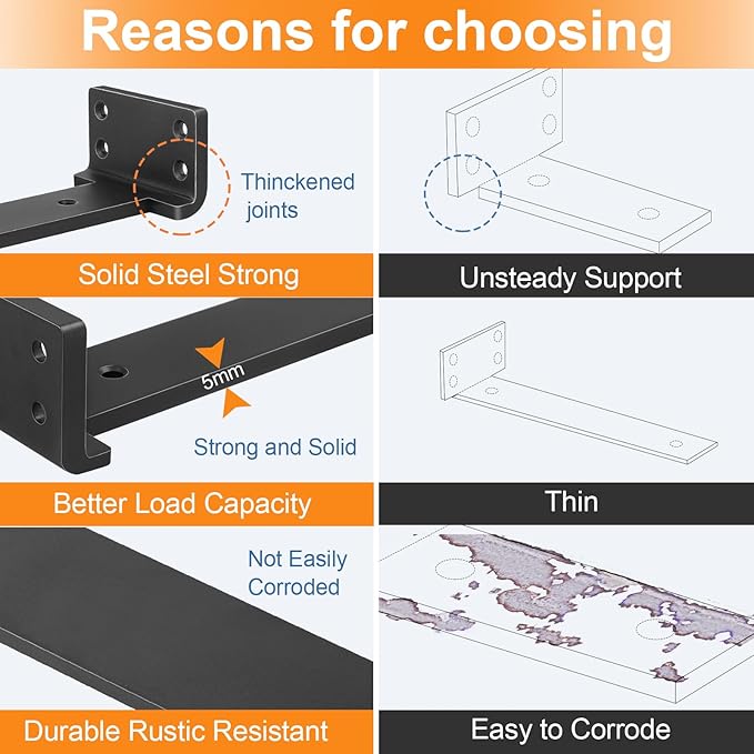 Floating Shelf Brackets 8 inch 8 Pack L Brackets for Shelves Black Metal Heavy Duty Shelf Bracket for DIY Decorative with Mounting Hardware