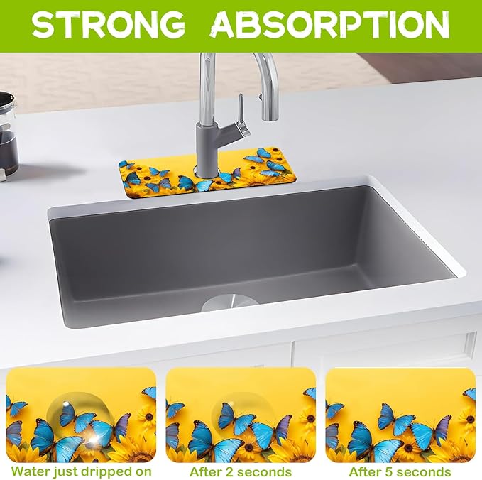 Kitchen Sink Splash Sunflowers and Blue Butterflies Guard Faucet Mat, Super Absorbent Fast Drying Mat Guard Behind Faucet Drip Catcher for Kitchen Bathroom, 15.5"X5.5"