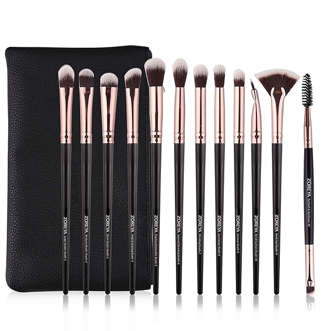 Z'OREYA Eye Makeup Brushes, 12 Pcs Professional Eye Brush Set Eyeshadow, Eyebrow, Blending, Fan, Eyelash Brushes Set With Carrying Bag (Black)
