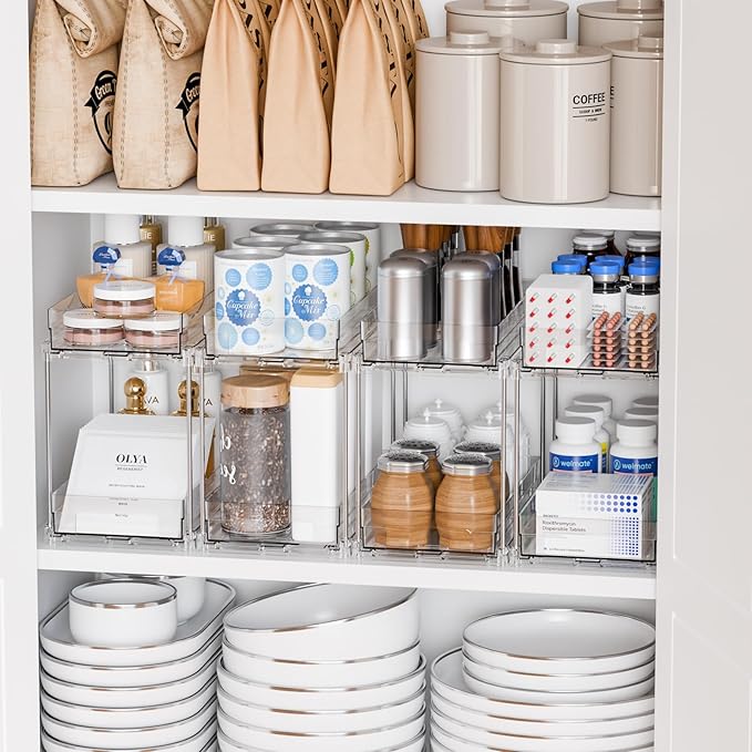 Yieach 4 Set Clear Pull Out Bathroom Organizers and Storage, 2 Tier Under Sink Organizer and Medicine Cabinet Organizer, Small Slide Out Drawers for Pantry, Under Cabinet, Kitchen Storage and Organization