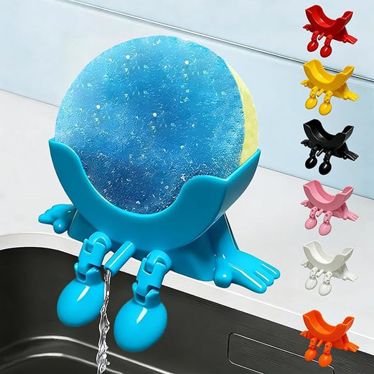 Cute Hanging Sponge Holder with Drainage, 3D Printed Kitchen Funny Sponge Stand for Sink, with Non-Slip Pads, Suitable for Scrub Daddy Holder, Keeps Your Sponge Dry and Smiling (Blue)
