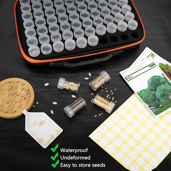 70 Slots Seed Organizer Storage Box with 10PCS Seed Envelopes, Premium Seed Containers for Various Sizes Vegetable and Flower Garden Seeds, Gardening Seed Keeper Set with Useful Accessories (Orange)