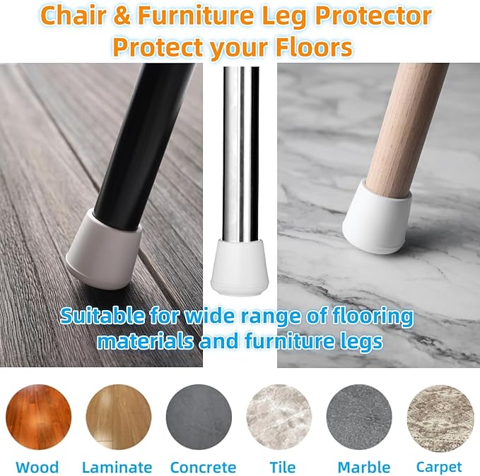 7/8" Chair Leg Tips Caps, Non-Slip Rubber Leg Tips, Stool Leg Protectors Cap, Folding Metal Chair Leg Tip Replacement, Chair Leg Floor Protectors Round White, 12 Pack