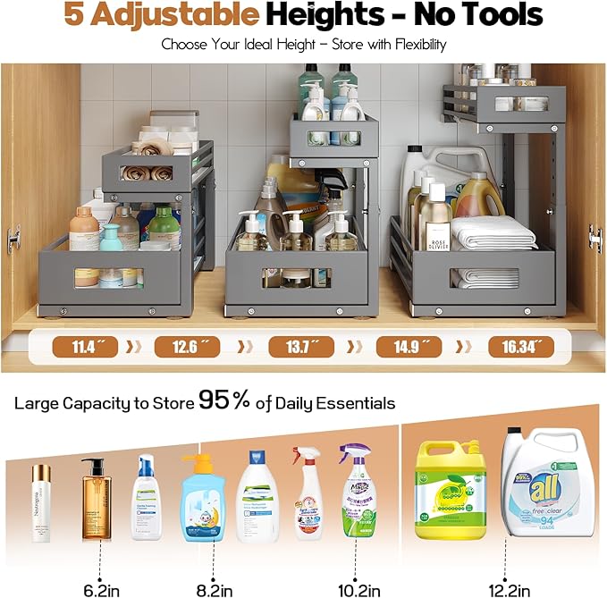 1-Pack Under Sink Organizers and Storage, 2-Tier L-Shape Pull Out Cabinet Organizer with Round Tube Slide Rails, Height Adjustable Slide Out Drawers for Kitchen & Bathroom, Multi-Purpose Storage Shelf - Gray