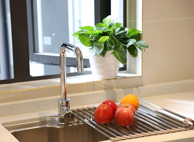 Ahyuan Roll up Dish Drying Rack Over The Sink Dish Drying Rack Square Tubes Dish Rack Over Sink Dish Racks for Kitchen Counter RV Camper Accessories for Travel Trailers (Gray, 17.8''Wx17.2''L)