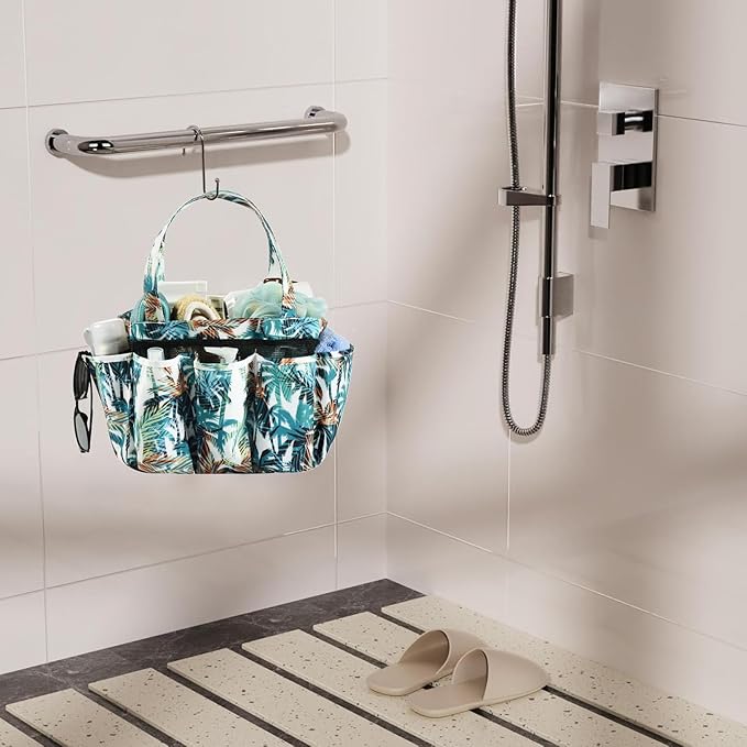 Haundry Shower Caddy Bag, Portable Mesh Shower Basket Organizer with Key Hook for College Dorm Bathroom Camp Gym, Hanging Tote Bag with 8 Pockets, Coconut Tree