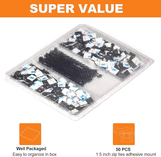 50 Pack 1.5 inch Zip Tie Adhesive Mounts Self Adhesive Cable Tie Base Holders with Multi-Purpose Tie wire clips with screw hole,Anchor stick on wire holder with 8 inch zip ties（Black&White）