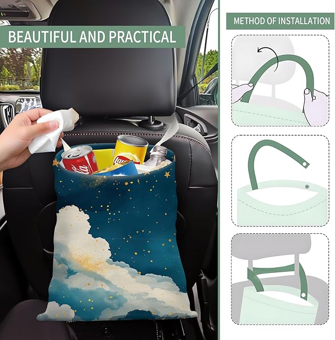 Cute Car Trash Can, Hanging Canvas Car Back Seat Organizer and Storage Bag, Funny Car Trash Bag for Travelling, Outdoor Cute Blue Sky Cloud