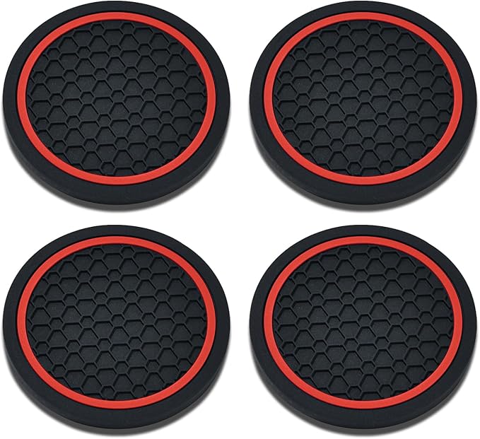 4PCS Car Cup Holder Coasters, 2.75 Inch Non-Slip Insert Cup Holder Pad, Dustproof Automotive Interior Accessories Mat, Universal for Trucks, Vehicles, RVs and More (Black/Red)