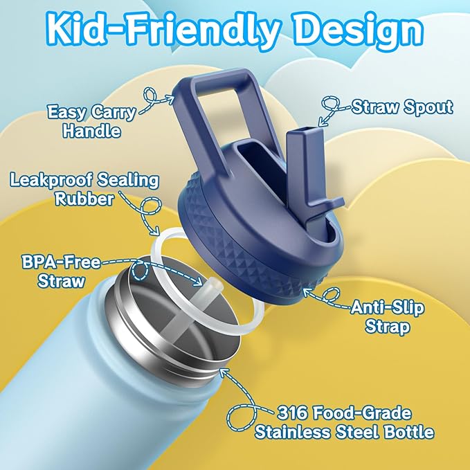 baab 18oz Kids Water Bottle, Insulated Water Bottle with Straw & Stickers, 18/8 Stainless Steel Vacuum Leakproof Kids Water Straw Cup for School, Perfect for Boy Girl (Light Blue, 1 Pack)