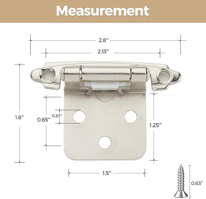 10 Pack 5 Pair Brushed Nickel Cabinet Hinges - 1/2 Inch Overlay Semi-Concealed Self Closing Hinges With Door Bumper - Silver Face Mount Kitchen Hardware