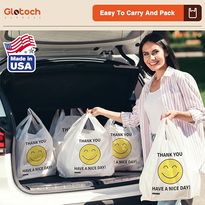 Glotoch 1000 Count Plastic Thank You T-shirt Bags Smile Face, 11.5 x 6.5x 21" HAVE A NICE DAY Grocery Shopping Gift Bag with Handle for Restaurant, Retail, Takeout, Convenience Store, in Bulk Business