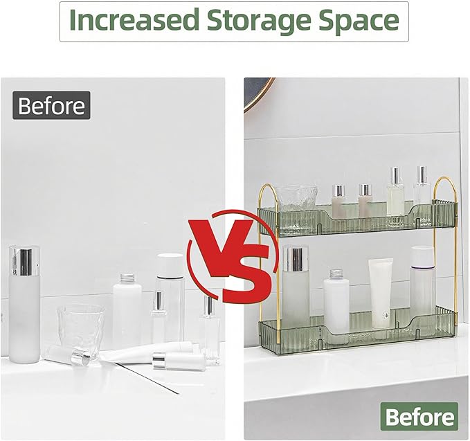 Bathroom Countertop Organizer, 2-Tier Slim Vanity Storage Rack for Bathroom Sink, Narrow Counter Organizer for Toiletries Skincare Perfume with Green Plastic Trays