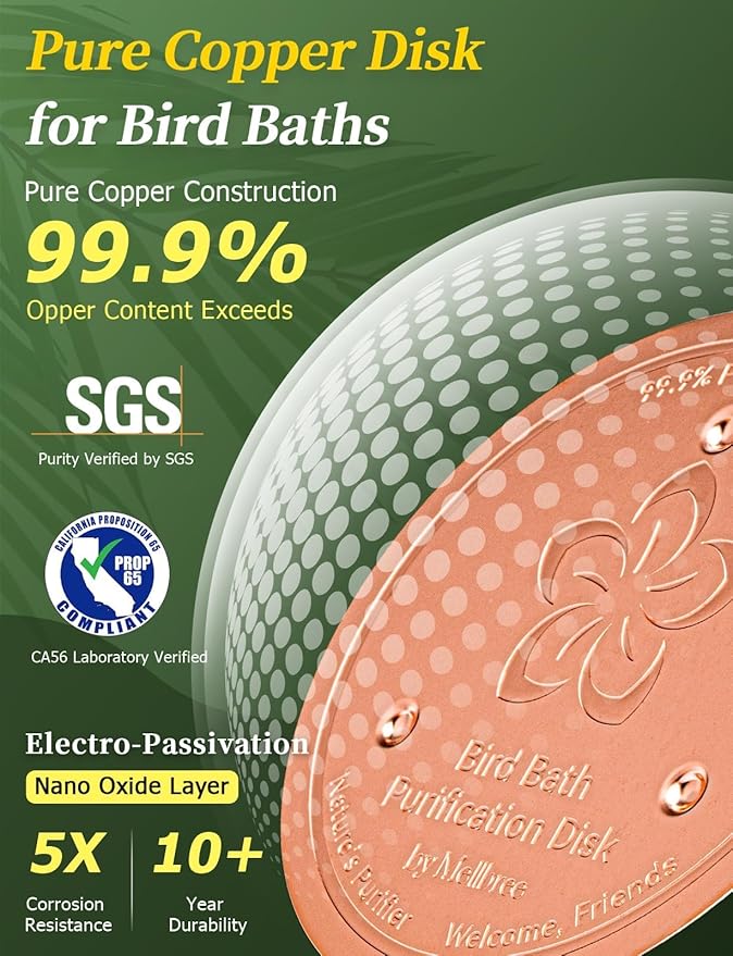 Mellbree 2-Pack Bird Bath Copper Disk, 0.6mm Reinforced 99.99% Pure Copper Cleaning Disk with Triple-Point Support for Physical Safe Clean Water, Universal Fit for Outdoor Birdbaths, Bowl (Flower)