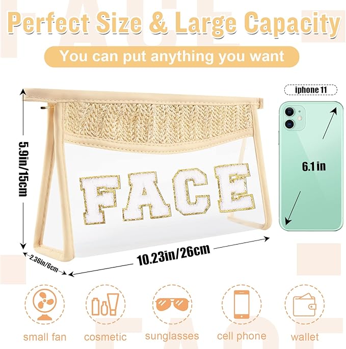 Boho Clear Makeup Letter Patch Makeup Bag FACE Pouch, Clear Toiletry Bag Travel Small Cute Preppy Chenille Letter Cosmetic Zipper Pouch Purse, Transparent Waterproof Makeup Clutch Bag for Women(FACE)