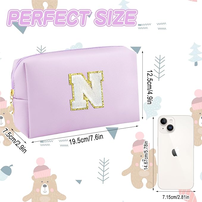 Gifts for Girls Initial Makeup Bag Personalized Cosmetic Bag with Zipper Cute Travel Toiletry Bag Waterproof PU Preppy Makeup Pouch Birthday Gift for Teen Girls Women(Purple N)