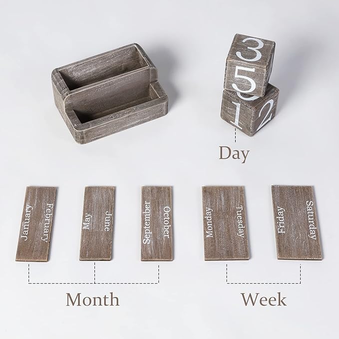 Wooden Block Calendar for Desk, Daily Desktop Perpetual Desk Calendar, Farmhouse Desk Accessories for Home Office Decor, Reusable Yearly, ‎‎Vintage Grey