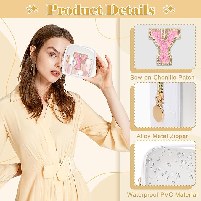 Personalized Initial Letter Clear Preppy Makeup Bag,Mini Nylon Chenille Letter Cosmetic Bag Cute Zipper Pouch Purse for Teen Girls,Portable TSA Approved Beach Travel Essentials Bag Gift for Women,Y