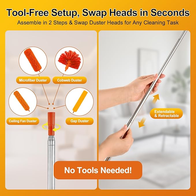 Tiumso 5-in-1 Duster with Extension Pole 100” Extendable Dusters for Cleaning Reusable Anti-Spin Dusting Kits for High Ceiling Fans, Cobwebs & Vents, Reinforced Stainless Steel Telescopic Handle