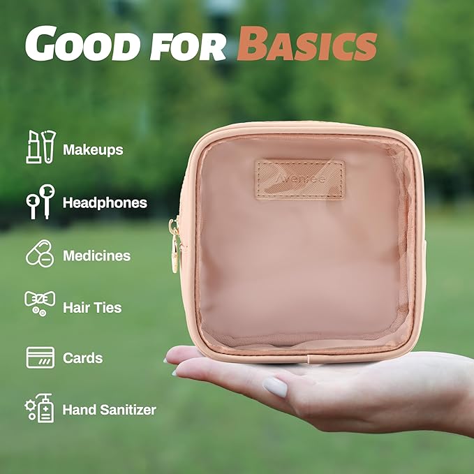 Aveniee Small Clear Makeup Bag, Mini Makeup Bag for Purse Organizer, Cosmetic Bag Travel Zipper Pouch for Women, Cute Car Accessories for Skincare Lipstick Essentials-Sand