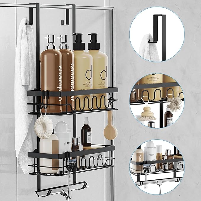 Over the Door Shower Caddy Hanging, 3-in-1 Rustproof Shower Organizer for Glass Door, No Drilling Shower Shelves with 4+3 Hooks, Wave Design, Stable, Adjustable Suitable for Kitchen/Bathroom/Balcony