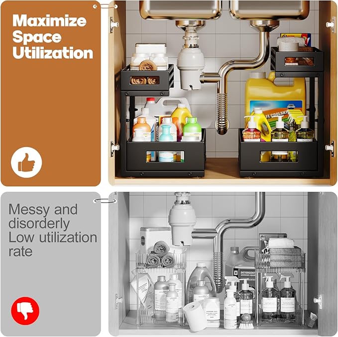 1-Pack Under Sink Organizers and Storage, 2-Tier L-Shape Pull Out Cabinet Organizer with Round Tube Slide Rails, Height Adjustable Slide Out Drawers for Kitchen & Bathroom, Multi-Purpose Storage Shelf - Black