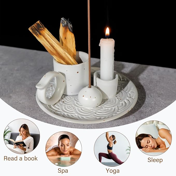 5-in-1 White Ceramic Palo Santo Burner & Holder - Small Candle and Smudge Tray for Incense Sticks & Cones, Sage, Zen Meditation Altar Accessory – Compatible with Matches for Aromatic Scents