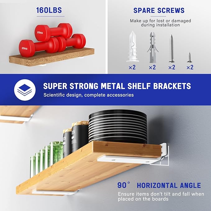 Goovilla Shelf Bracket, Heavy Duty Floating Shelf Brackets 8 inch Long, 6 Pack Brackets for Shelves, White Coated Metal Wall Shelf Support Brackets with 1/5 Inch Thick and 160 lb. Load Capacity