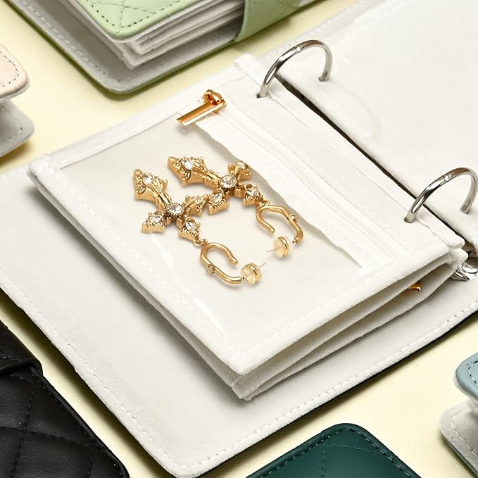 Oirlv Mini Travel Jewelry Organizer Case Portable Jewelry Book with Velvet Pouches for Jewelry Travel Essentials(White)