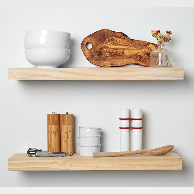 Homeforia 24 inch Natural Floating Shelf, High-End Solid Real Wood 24-inch Small Floating Shelves for Wall Mounted, Natural Wooden Floating Shelves, Heavy Duty Bracket, 24 X 6.5 X 1.75 in, Set of 4