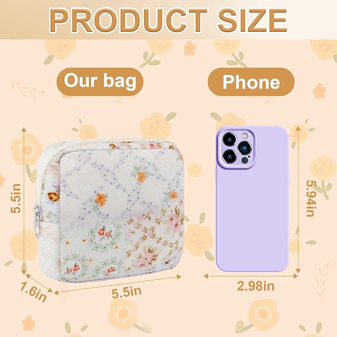 Small Quilted Cotton Makeup Bag for Purse Mini Cosmetic Period Bag for Women Cute Mixed Flower Makeup Sanitary Pouch Portable Travel Toiletry Bags with Zipper Christmas Birthday Gifts