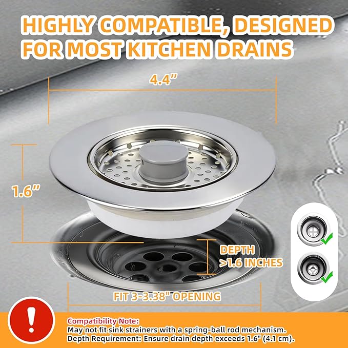 Sink Drain Strainer - Kitchen Sink Stopper, 3 In 1 Kitchen Sink Drain Strainer with Anti-Clogging Basket, Fit US Standard 3-1/2'' Sink Hole