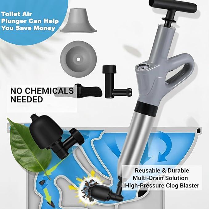 Toilet Plunger, High Pressure Toilet Plunger with Gloves,2 Hair Snake,2 Hair Filters, Toilet Auger Air Drain Blaster with Real-Time, Heavy Duty Plunger for Bathroom and Kitchen Plumbing Clogs