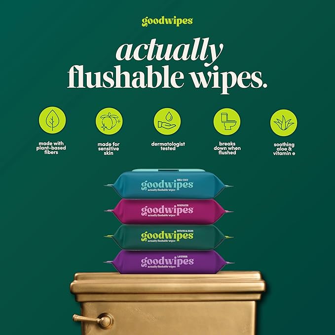 goodwipes Flushable Wipes - Botanical Bliss Wet Wipes for Adults, Sewer & Septic Safe, Guest Bathroom Essentials for Women & Men, pH Balanced & Extra Large, 153 Count (3 Packs and 3 Singles)