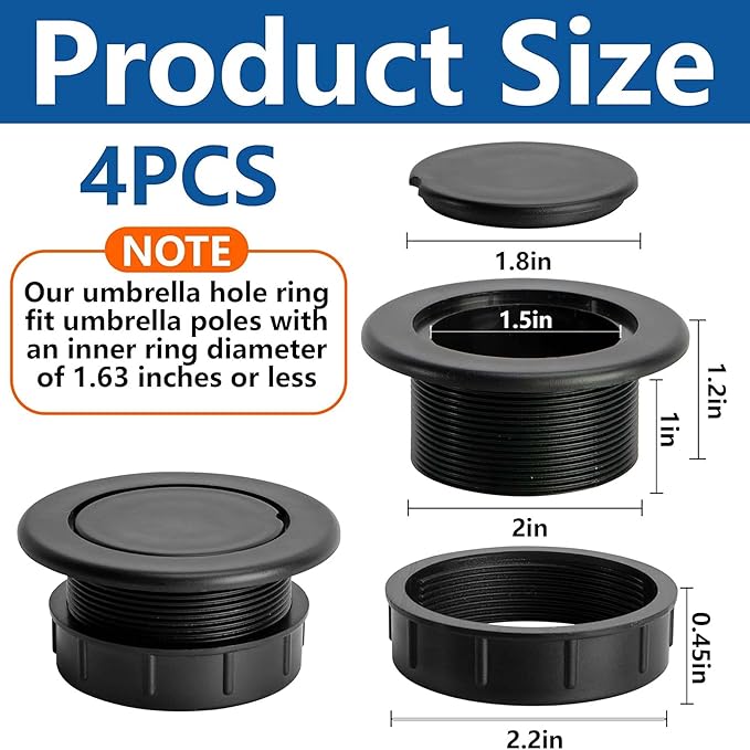 DECOHS 4 Pcs 2 Inch Parasol Umbrella Hole Ring Plug and Cap Set, Thicker Patio Table Hole Cover Insert, Deck Table Umbrella Holes Plug Replacement Parts for Outdoor Patio Table Garden Yard