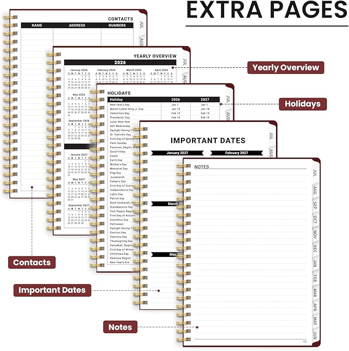Planner 2026-2027 for Women & Men, Academic Monthly and Weekly Calendar Planner, Jul 2026 - Jun 2027, A5 (6.3" x 8.5"), Teacher Student Planning Book with Tabs, Ideal for Office School Supplies - Burgundy