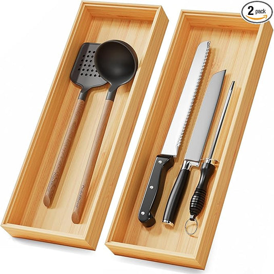 Long Bamboo Kitchen Drawer Organizer Boxes – 17" x 6" Stackable Wood Silverware Utensil Tray for Drawers Bins Cutlery & Flatware Storage – Wooden Organizers Set of 2 for Junk Drawer, Bathroom, Rv