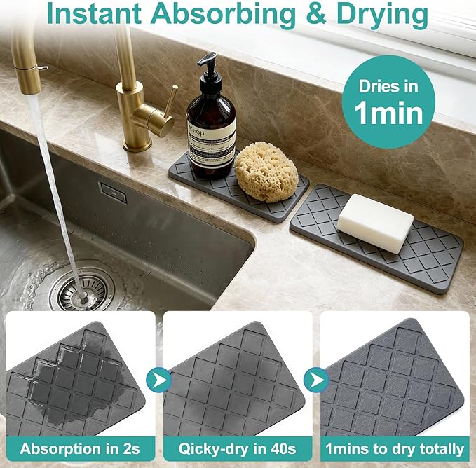 Water Absorbing Stone Drying Tray for Kitchen Counter Decor Bathroom Sink Organizer Soap Dish Dispenser Tray Diatomite Stone Fast Quick Drying Mat Bathroom Vanity Trays Sponge Holder Drink Coasters