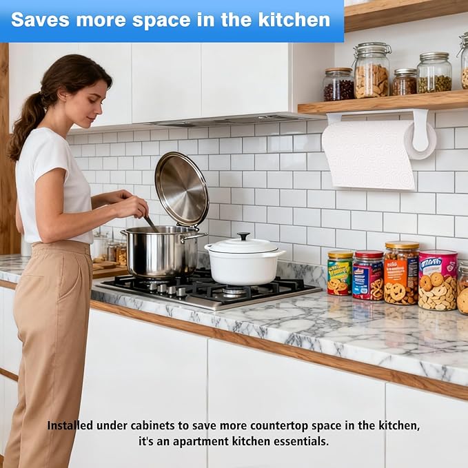 Paper Towel Holder Under Cabinet, Adhesive or Screw Mount, Fits Standard & Mega Rolls, Wall Mount Rack for Kitchen, Bathroom, RV, White