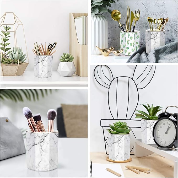 WAVEYU Pen Holder, Stand for Desk Pencil Cup for Girls Kids Durable Ceramic Desk Organizer Makeup Brush Holder for Office, Classroom, Home, White Marble