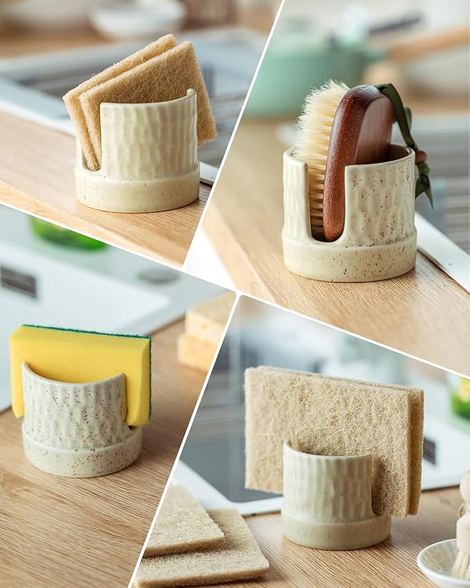 Kitchen Sponge Holder, Ceramic Sponge Dish Rack Sink Scrub Caddy for Scrubbers, Bathroom, Cute Kitchen Gadget Organizer, Yellow