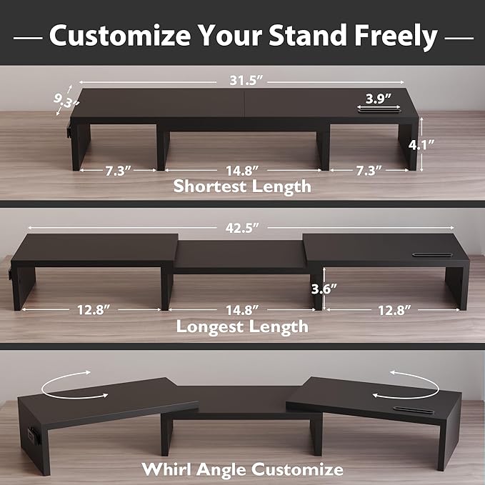 BONTEC Dual Monitor Stand Riser with Smartphone Holder, Adjustable Length & Swivel Angle, Ergonomic Wooden Desktop Organizer for PC Monitor, Laptop, Printer, Large Storage, Black