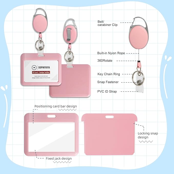 ID Badge Holder with Clip Badge Reels Ret retractable Heavy Duty Id Card with Carabiner Badge Reel with 24 inches Pull Cord for Office, School, Factory, Teacher (Pink, Horizontal)