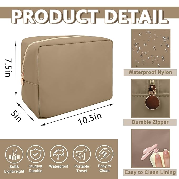 Large Makeup Bag Pouch, Nylon Women Travel Toiletry Storage Bag, Preppy Cosmetic Bag for Girls, Big Makeup Organizer Bag, Cute Zipper Pouch Skincare Bag for Sport Work Gift (Large-Khaki)