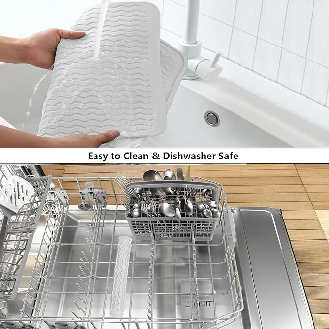 ZLR Silicone Dish Drying Mat for Kitchen Counter, Eco-Friendly Fast Dry Dish Mat, Easy Clean Multi Usage Drying Matt, Heat Resistant Trivet, 12" x 12" Middle, Milk White