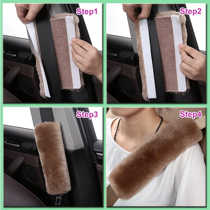 OGLAND Fuzzy Sheepskin Seat Belt Cover, Fluffy Seatbelt Pad for Plush Wool Adults Women Pet Universal Car Accessories 2 Pack (Dark Red)